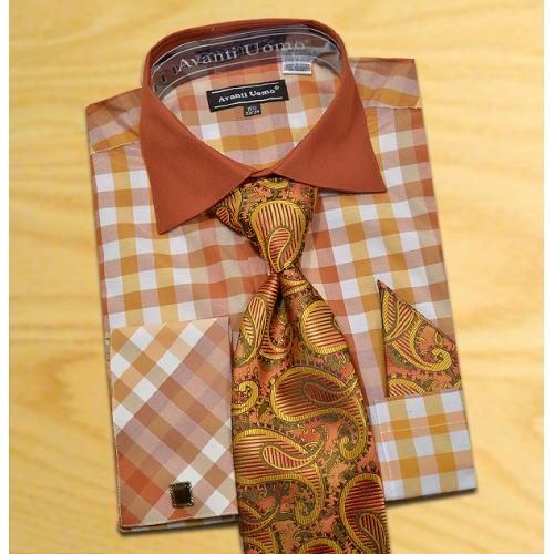 Avanti Uomo Rustic Brown / Brown / White Check Design Shirt / Tie / Hanky Set With Free Cufflinks DN60M