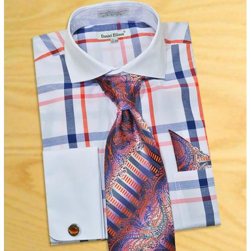 Daniel Ellissa White / Navy / Red  Windowpanes Shirt / Tie / Hanky Set With Free Cufflinks DS3771P2