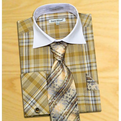 Daniel Ellissa Tan / Olive / White Check Design Shirt / Tie / Hanky Set With Free Cufflinks DS3772P2