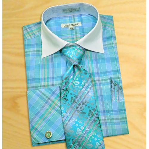 Daniel Ellissa Turquoise / Blue / White Check Design Shirt / Tie / Hanky Set With Free Cufflinks DS3772P2