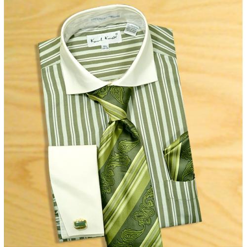 Karl Knox Money Green / Cream Pinstripes Design Shirt / Tie / Hanky Set With Free Cufflinks SX4283