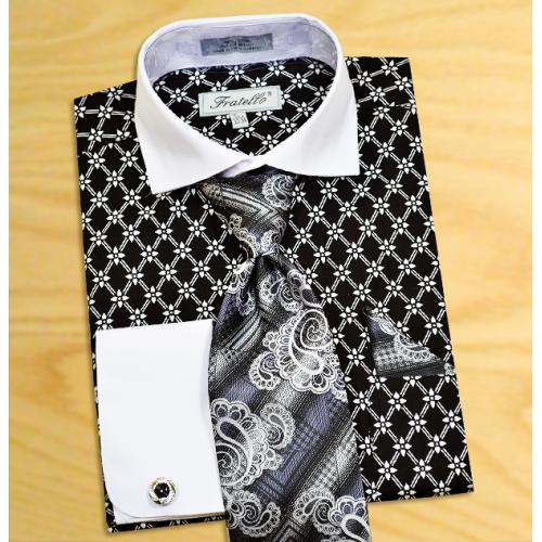 Fratello Black / White Diamond Weave Design Shirt / Tie / Hanky Set With Free Cufflinks FRV4126P2