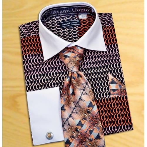 Avanti Uomo Black / Orange / White Pointed Two Tone Design Shirt / Tie / Hanky Set With Free Cufflinks DN61M