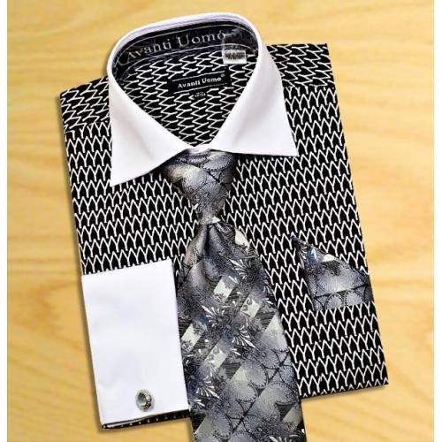 Avanti Uomo Black / White Pointed Two Tone Design Shirt / Tie / Hanky Set With Free Cufflinks DN61M