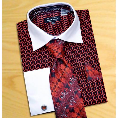 Avanti Uomo Black / Red Pointed Two Tone Design Shirt / Tie / Hanky Set With Free Cufflinks DN61M