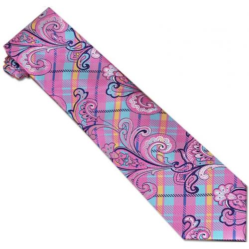 Verse 9 Collection Pink / Navy / Aqua Blue Paisley Design 100% Woven Silk Necktie/Hanky Set V902