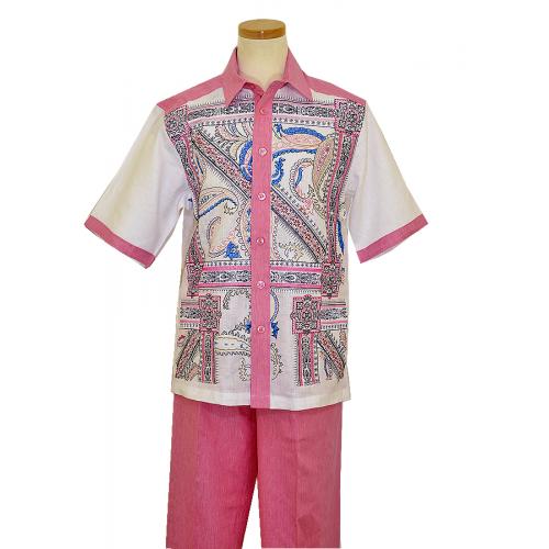 Prestige Pink / White / Blue Paisley Design Embroidery Pure Linen 2 PC Outfit CPT-533