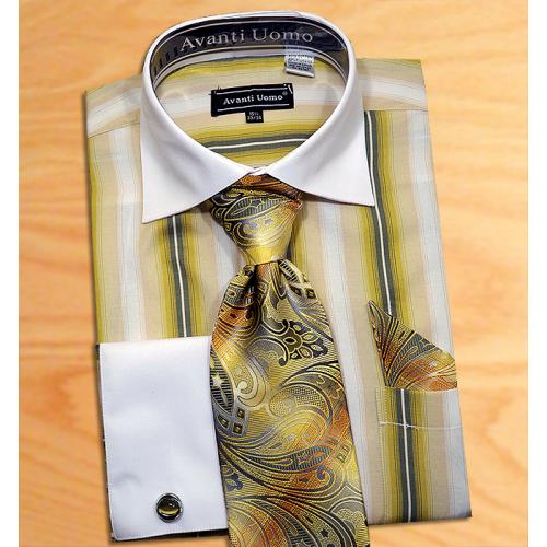 Avanti Uomo Olive / White Pinstripes Design Shirt / Tie / Hanky Set With Free Cufflinks DN59M