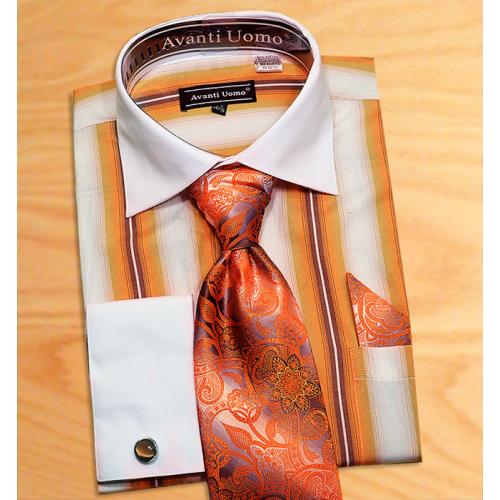 Avanti Uomo Rust / White Pinstripes Design Shirt / Tie / Hanky Set With Free Cufflinks DN59M
