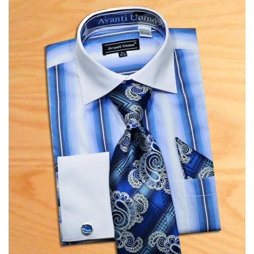 Avanti Uomo Blue / White Pinstripes Design Shirt / Tie / Hanky Set With Free Cufflinks DN59M