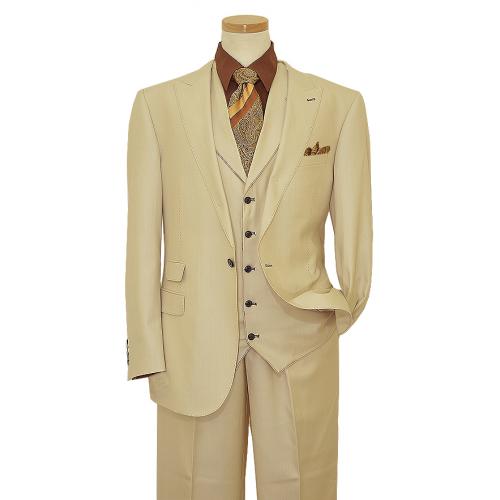 Tayion By Montee Holland Bone With Brown Hand-Pick Stitching Vested Wool Suit 029