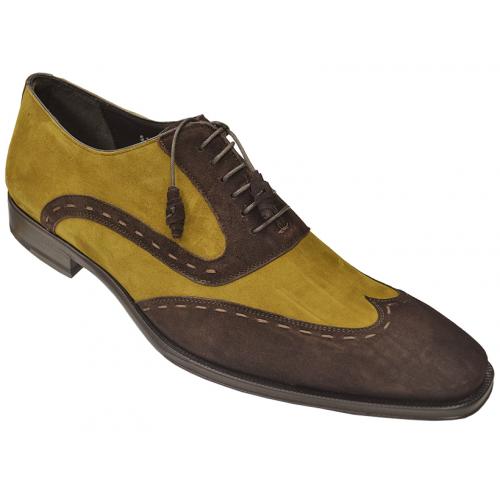 Mezlan "Keller" Chocolate Brown / Khaki Genuine Rich Suede Wingtip Shoes With Handcut Tassles Shoes 15471