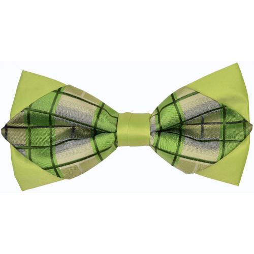 Classico Italiano Lime Green / Olive / Cream / Gray Windowpanes Double Layer Design 100% Silk Bow Tie / Hanky Set BT036