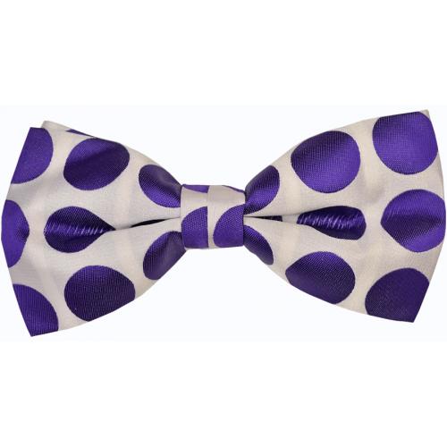 Classico Italiano White With Purple Polka Dot Design 100% Silk Bow Tie / Hanky Set BT037