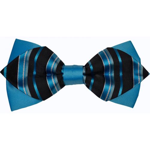 Classico Italiano Turquoise Blue / Black / White Vertical Strip Double Layer Paisley Design 100% Silk Bow Tie / Hanky Set BT040