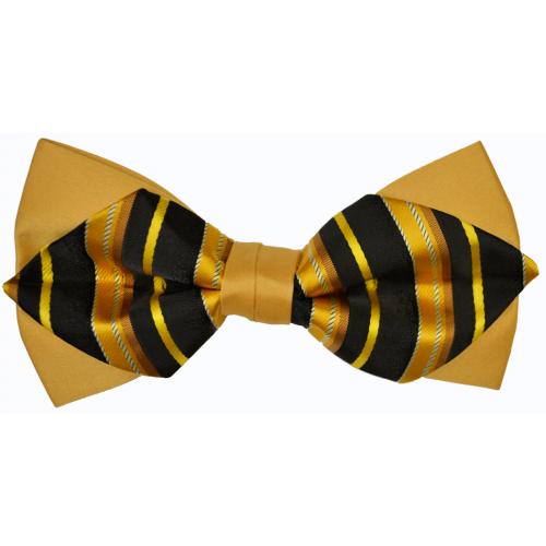 Classico Italiano Honey Mustard / Gold / Black Vertical Strips Double Layer Design 100% Silk Bow Tie / Hanky Set BT043