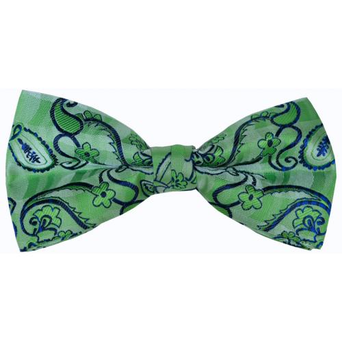 Classico Italiano Lime Green / Navy Blue Paisley Design 100% Silk Bow Tie / Hanky Set BT052