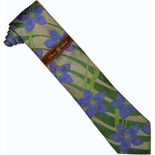 Steven Land Collection SL138 Light Green Leaves / Royal Blue Floral Design 100% Woven Silk Necktie/Hanky Set