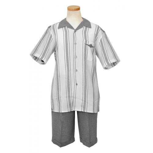 Pronti White / Grey Stripes Rayon Blend 2 PC Short Set Outfit SP6105S
