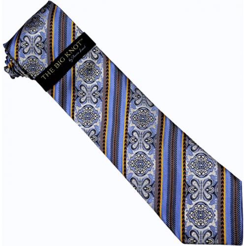 Steven Land Collection "Big Knot" SL128 Ocean Blue / Champagne / Gold / Brown / Navy Artistic Diagonal  Design 100% Woven Silk Necktie/Hanky Set
