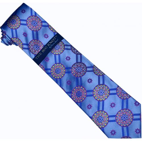 Steven Land Collection "Big Knot" SL136 Sky Blue / Navy Blue / Magenta / Mustard / Rust / Double Diagonal Windowpanes Artistic Design 100% Woven Silk Necktie/Hanky Set