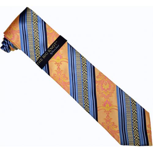 Steven Land Collection "Big Knot" SL141 Peach / Fuchsia / Yellow / Sky Blue / Cream / Navy Blue Artistic Diagonal Design 100% Woven Silk Necktie/Hanky Set