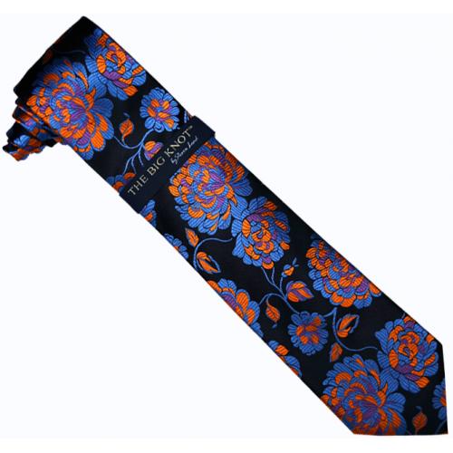 Steven Land Collection "Big Knot" SL132 Black / Ocean Blue / Purple / Rust / Floral Design 100% Woven Silk Necktie/Hanky Set