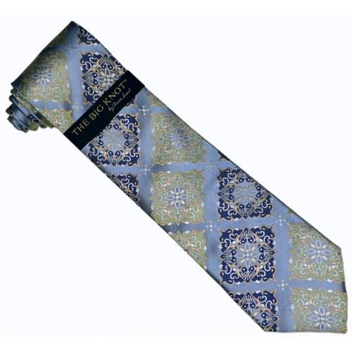 Steven Land Collection "Big Knot" SL129 Sky Blue / Lime Green / Navy Blue / Salmond Artistic Design 100% Woven Silk Necktie/Hanky Set