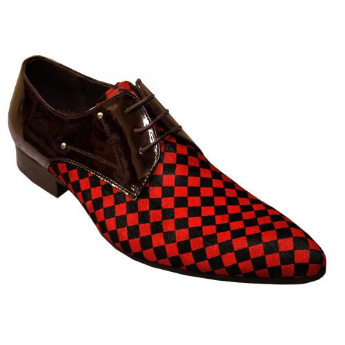 Zota Red / Black / Brown Genuine Leather Checkers Design Pony Hair Shoes HX750-307