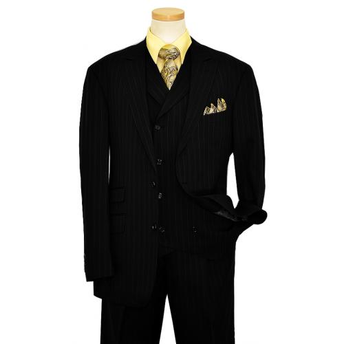 Extrema Black With Grey Pinstripes 140's Wool Vested Suit HA00133