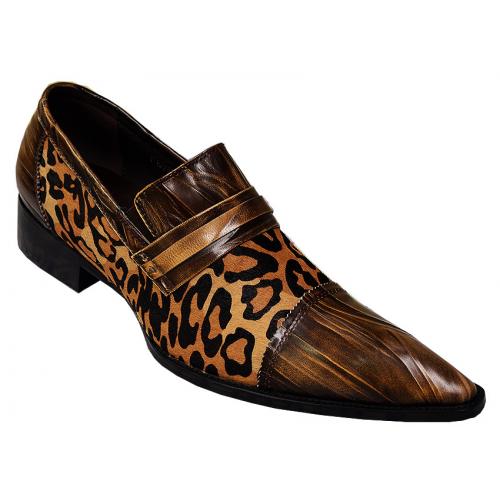 Fiesso Brown / Black Leopard Hair Genuine Leather Loafer Shoes FI6758