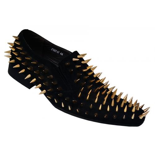 Encore By Fiesso Black Genuine Suede Leather with Gold Metal Spikes Shoes FI6747