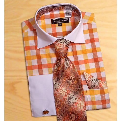 Avanti Uomo Gold / Orange / White Check Design Shirt / Tie / Hanky Set With Free Cufflinks DN58M