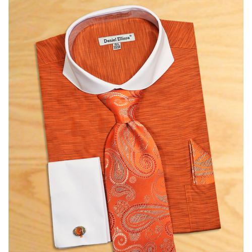 Daniel Ellissa Orange Self Design With Spread Collar Shirt / Tie / Hanky Set With Free Cufflinks DS3759P2