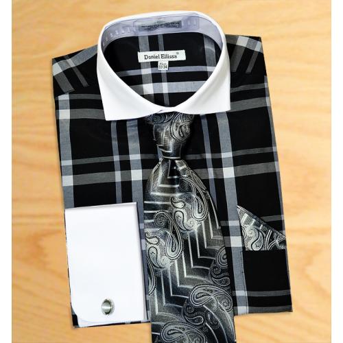 Daniel Ellissa Black / Grey / White Windowpanes Shirt / Tie / Hanky Set With Free Cufflinks DS3771P2
