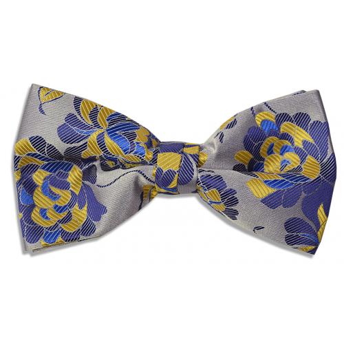 Classico Italiano Blue / Gold / Grey Paisley Design 100% Silk Bow Tie / Hanky Set BT085