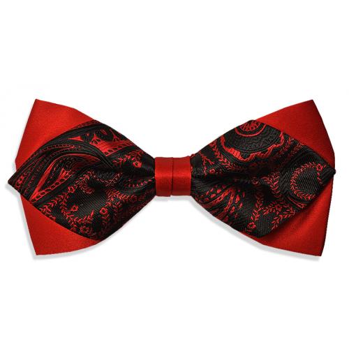 Classico Italiano Red / Black Paisley Double Layered Design 100% Silk Bow Tie / Hanky Set BT084
