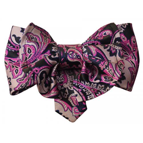 Classico Italiano Fuchsia / Black / Pink Paisley Double Layered Design 100% Silk Bow Tie / Hanky Set BT093