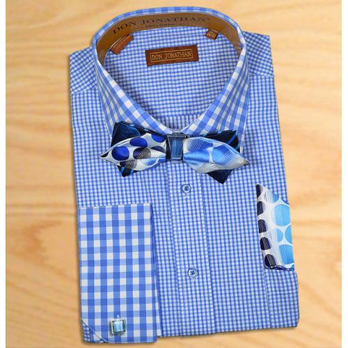 Don Jonathan Blue / White Checkers Design Spread Collar 100% Dress Shirt with Double Layer Bow Tie / Hanky Set BG1015