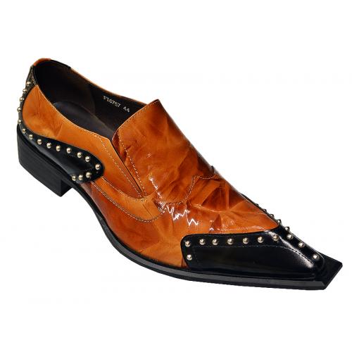 Encore By Fiesso Cognac / Black Genuine Leather Loafer Shoes With Metal Studs FI6757