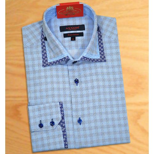 Axxess Blue / Black / White Handpick Stitching 100% Cotton Dress Shirt With TripleCollar 04-850
