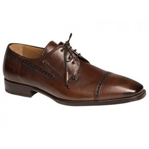Mezlan "Colleoni" Brown Hand-Accented Burnished Calfskin With Perforated Toe Cap Oxford Shoes
