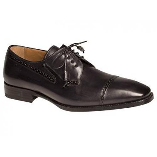 Mezlan "Colleoni" Black Hand-Accented Burnished Calfskin With Perforated Toe Cap Oxford Shoes