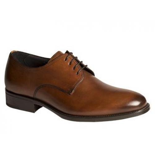 Mezlan "Contin" Cognac Burnished Bugatto Calfskin Classic Plain Toe Oxford Shoes