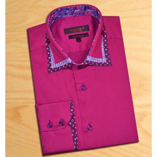 Axxess Dark Magenta Handpick Stitching 100% Cotton Dress Shirt With Triple Collar 04-822