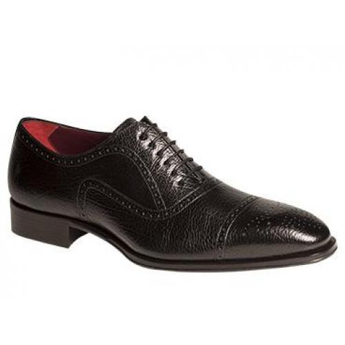 Mezlan "Reggio" 5642 Black Textured Tumbled Calfskin Oxford With Perforated Cap Toe Shoes