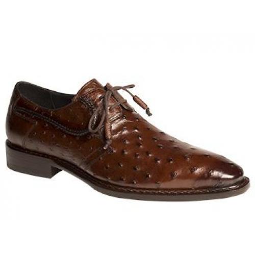 Mezlan "Ramano" Tabac Genuine Full Quill Ostrich/Hand Burnished Accented Plain Toe Oxford Shoes
