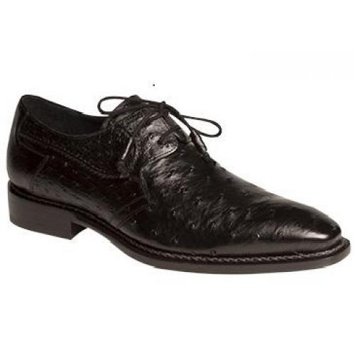 Mezlan "Romano" Black Genuine Full Quill Ostrich/Hand Burnished Accented Plain Toe Oxford Shoes 3881-S