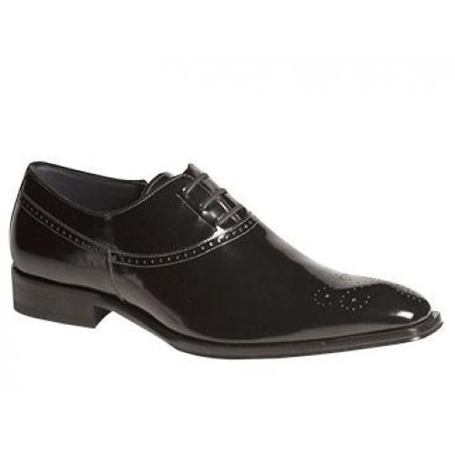 Mezlan "Salute" Black Hand-Burnished Hi-Shine Italian Calfskin W/ Side Zipper Perforated Toe Dress Oxford Shoes