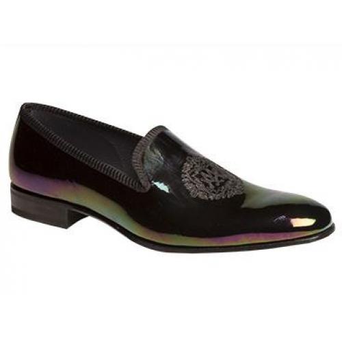 Mezlan "Sardi" Black Rainbow Marbelized Petrol Calfskin Penny Loafer Shoes With Crest Accents